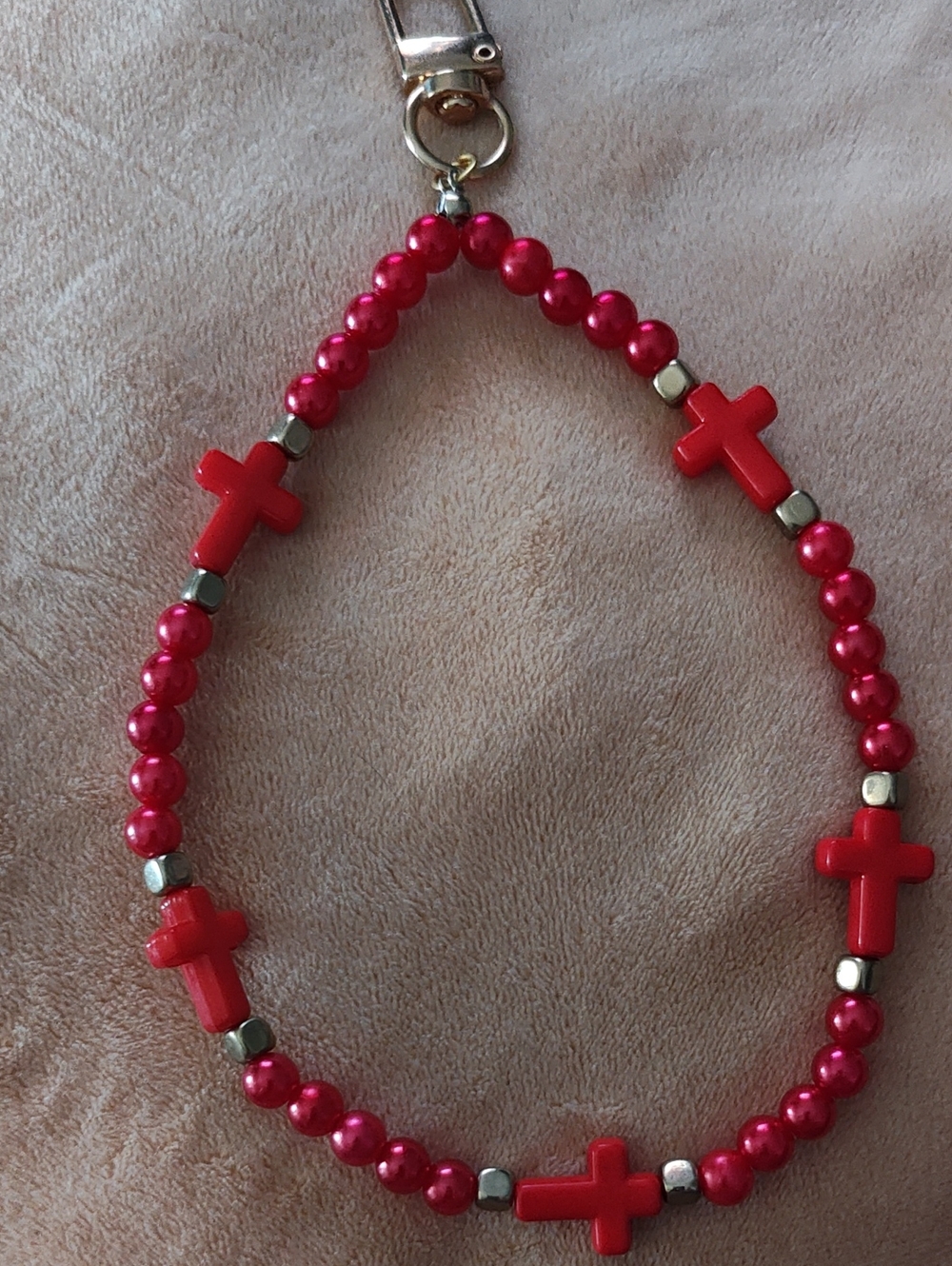 Keychain Red With Gold Tone Featuring Cross Accents